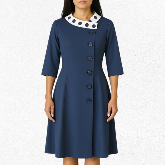 Vintage 1950s Navy Polka Dot Collar Asymmetrical Buttons Flare Dress Size Small - Picture 9 of 9